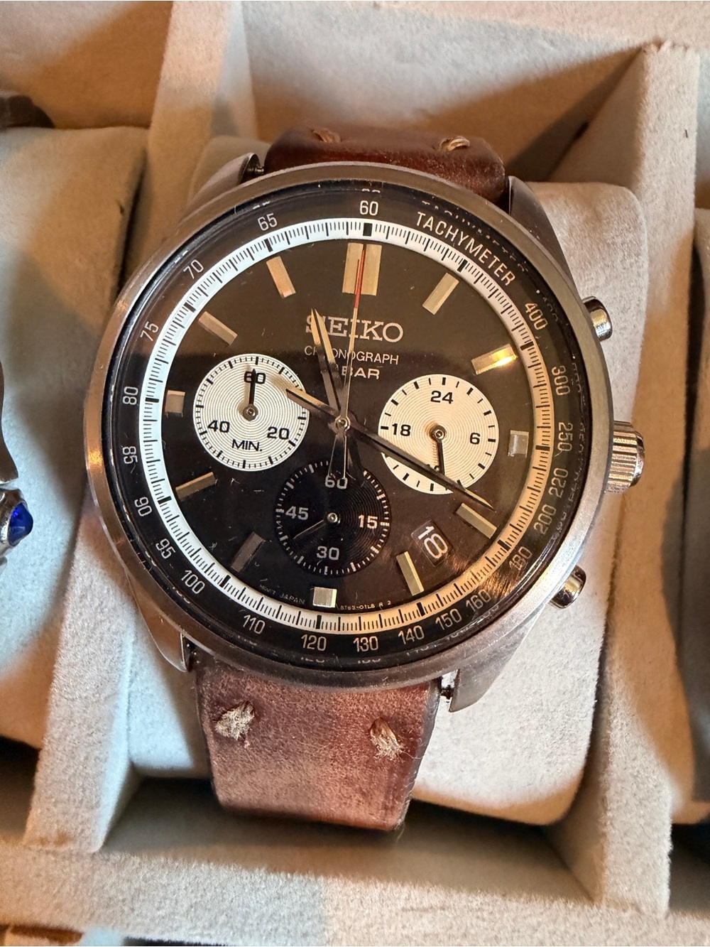 Seiko chronograph Men’s on handmade Brown Leather strap.